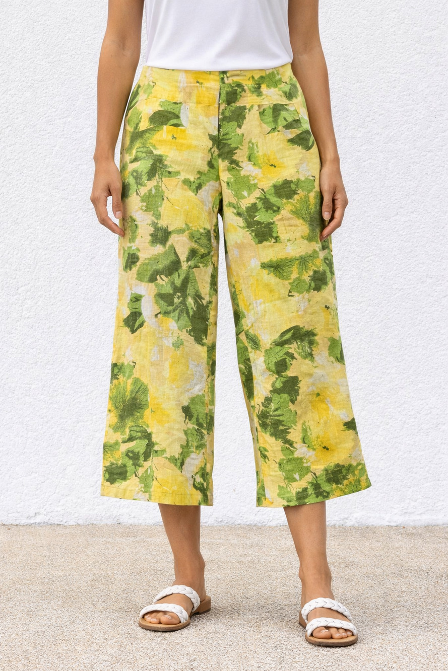 Cato Yellow Green Floral Wide Leg Cropped Pants Women Size 14 Linen Blend Boho